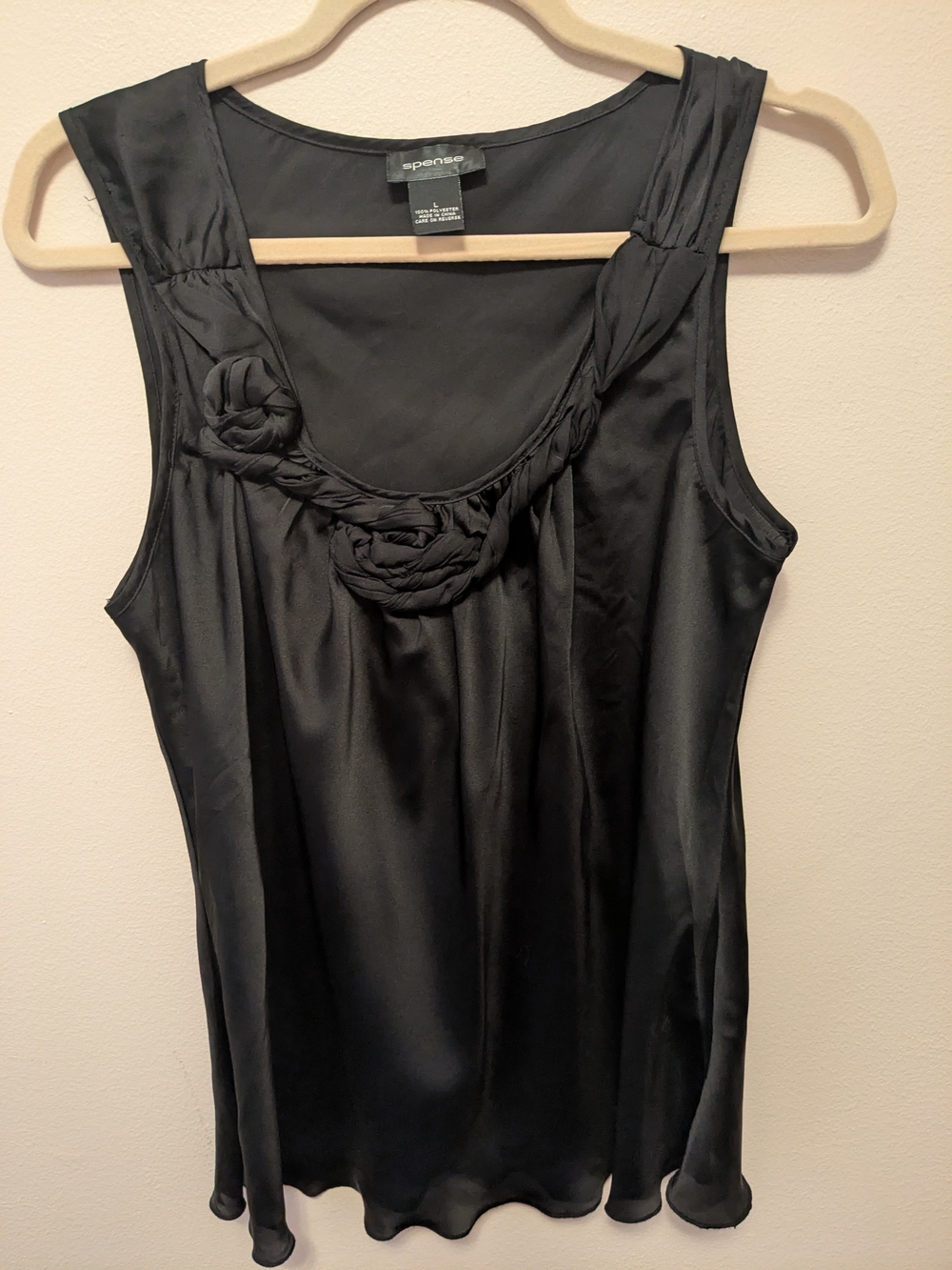 Spense Black Satin Camisole with Braided Rosette Detail